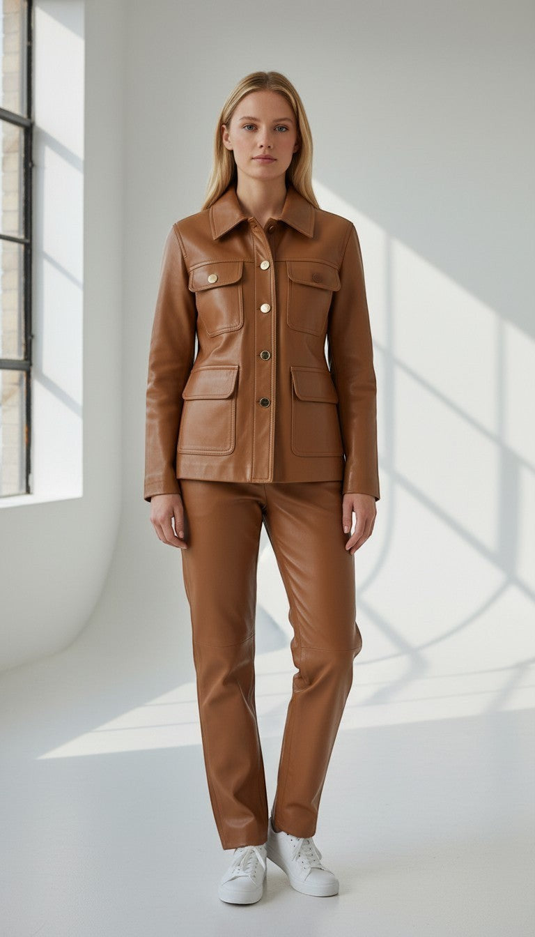 Scarlett Stitch caramel faux leather utility jacket with four front pockets and gold buttons. Model wears matching pants.