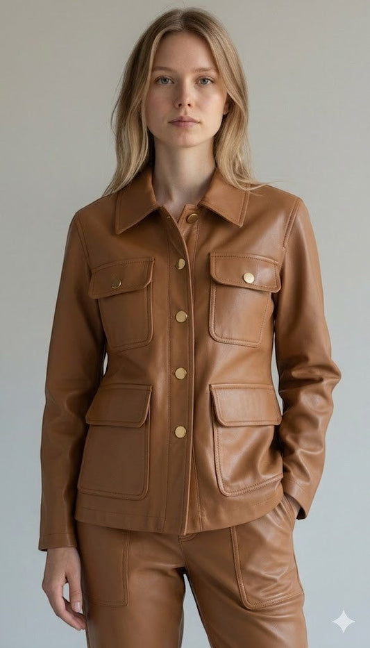 Scarlett Stitch caramel faux leather utility jacket with four front pockets and gold-tone buttons.