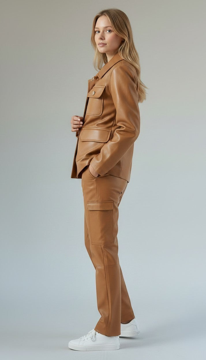 Scarlett Stitch caramel faux leather utility jacket with four front pockets and gold-tone buttons.