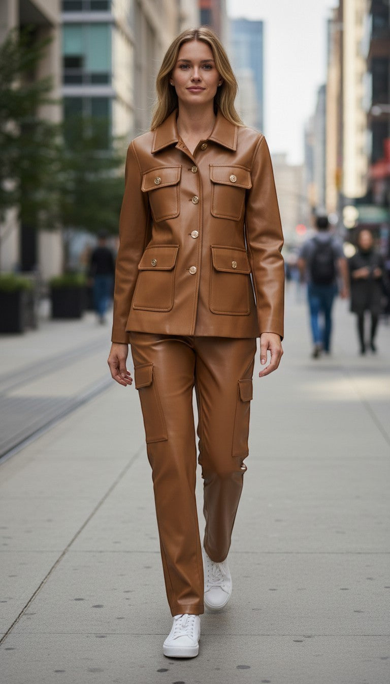 Scarlett Stitch caramel faux leather utility jacket with four front pockets and gold-tone buttons.