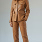 Scarlett Stitch caramel faux leather utility jacket with multiple pockets and gold-tone buttons.