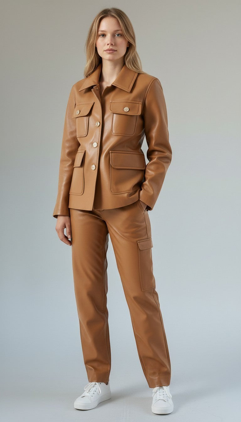 Scarlett Stitch caramel faux leather utility jacket with multiple pockets and gold-tone buttons.