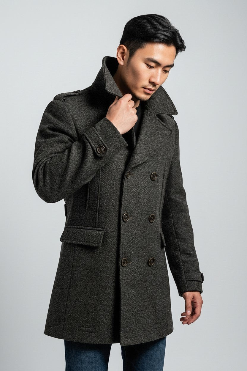 Scarlett Stitch Men's charcoal grey wool blend peacoat with double-breasted closure and herringbone weave.