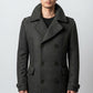 Scarlett Stitch Men's charcoal grey wool blend peacoat with herringbone weave, double-breasted closure, and epaulet details.