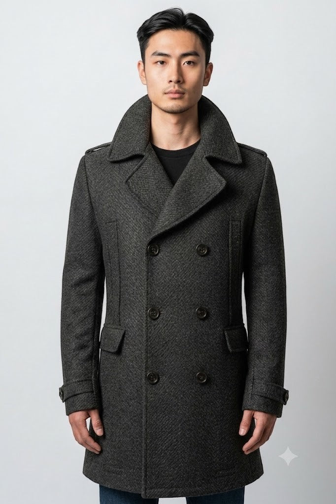 Scarlett Stitch Men's charcoal grey wool blend peacoat with herringbone weave, double-breasted closure, and epaulet details.
