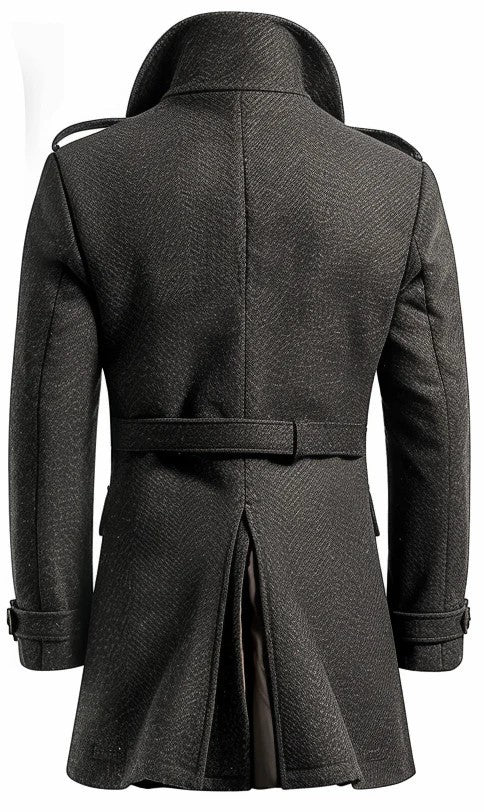 Scarlett Stitch men's charcoal grey wool blend peacoat with herringbone weave, double-breasted closure, and epaulet details.