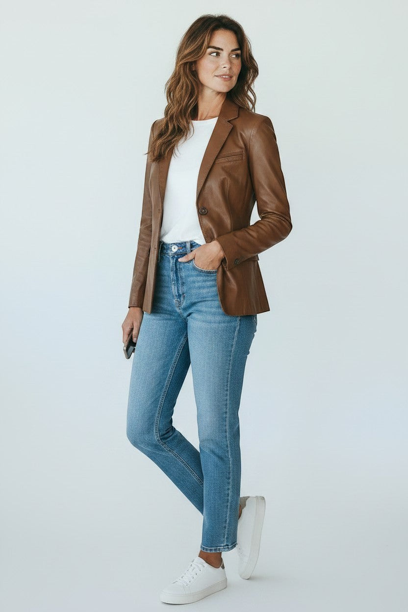 Model wearing a Scarlett Stitch cognac brown leather blazer with notched lapels, white tee, and blue jeans.
