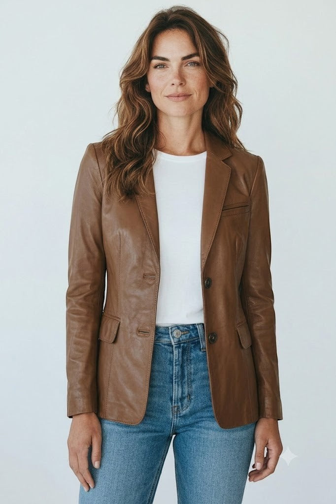 Scarlett Stitch cognac brown leather blazer with notched lapels and two-button closure worn by a woman with jeans.