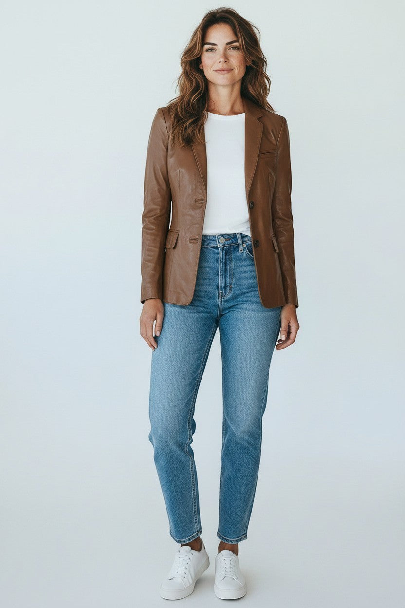 Model wearing a Scarlett Stitch cognac brown leather blazer with a white tee, blue jeans, and white sneakers.