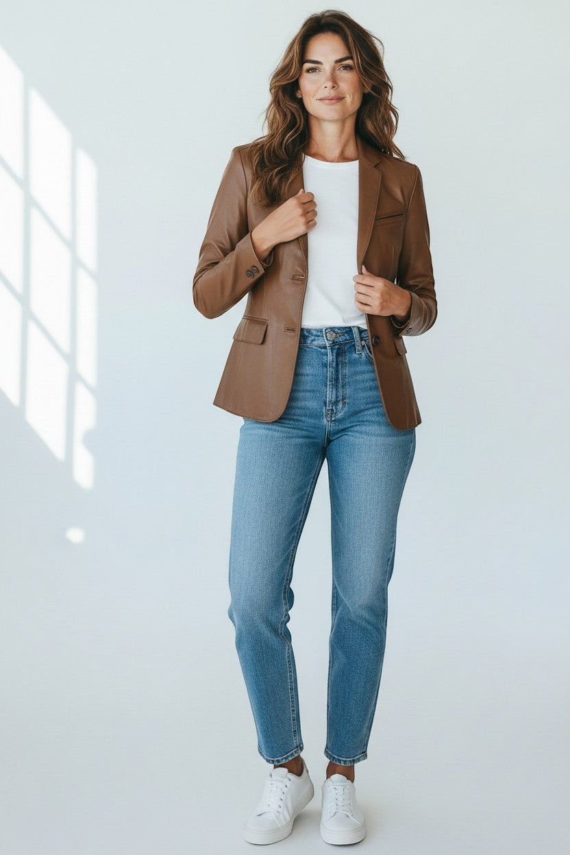 Model wearing a Scarlett Stitch cognac brown leather blazer with notched lapels over a white tee and blue jeans.