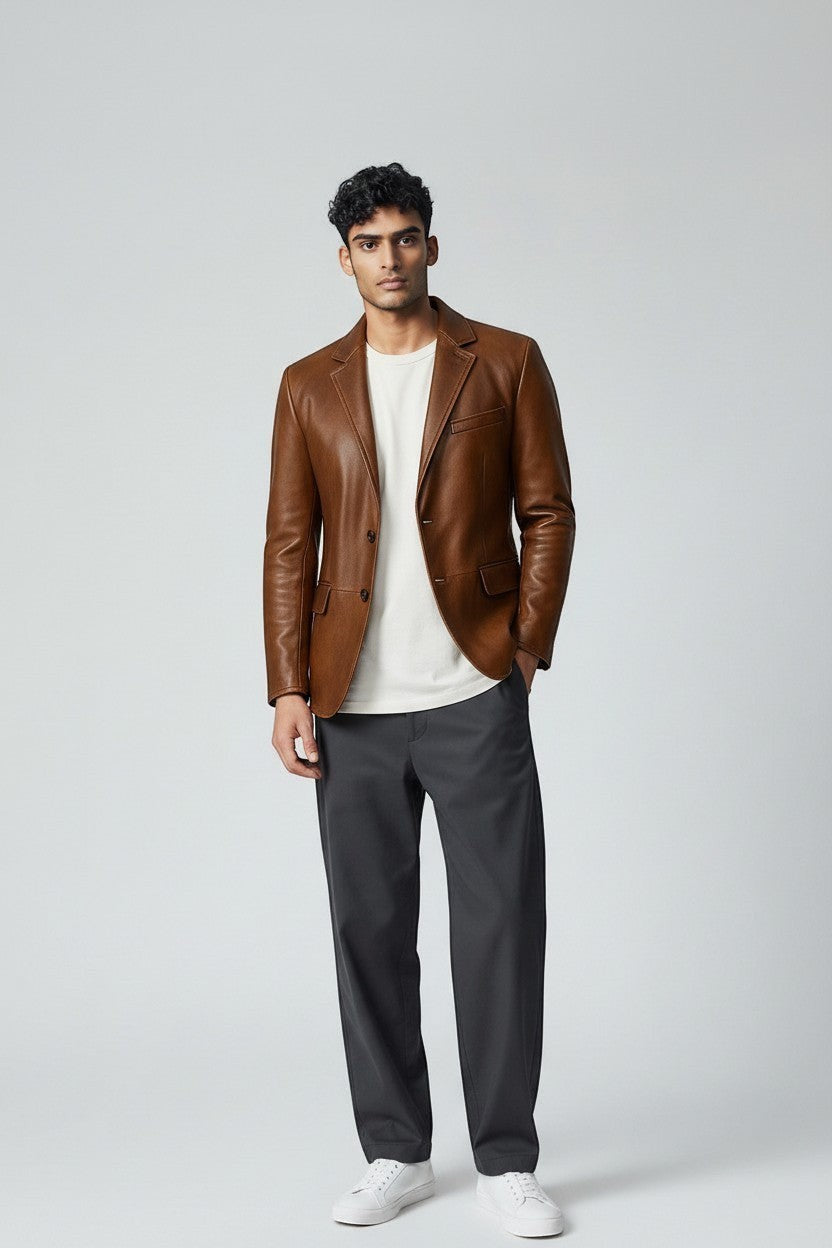 Model wearing a Scarlett Stitch cognac brown leather blazer with notch lapels, white t-shirt, and grey trousers.