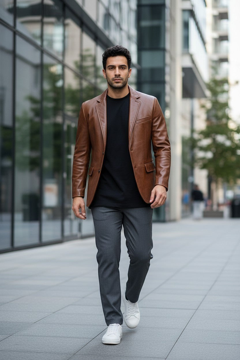 Man wearing a Scarlett Stitch cognac brown leather blazer with notch lapels over a black tee and grey trousers.