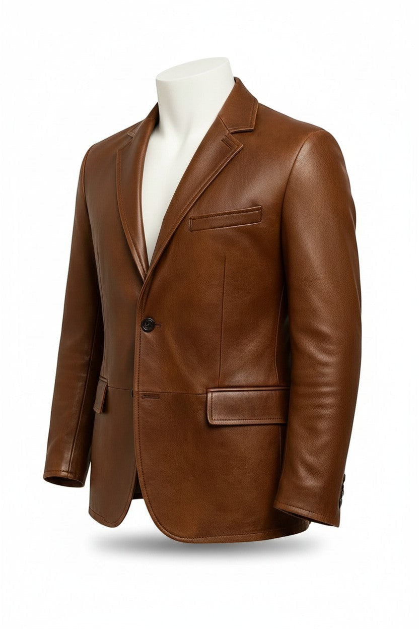 Scarlett Stitch cognac brown leather blazer with notch lapels, single-button closure, and flap pockets on a mannequin.