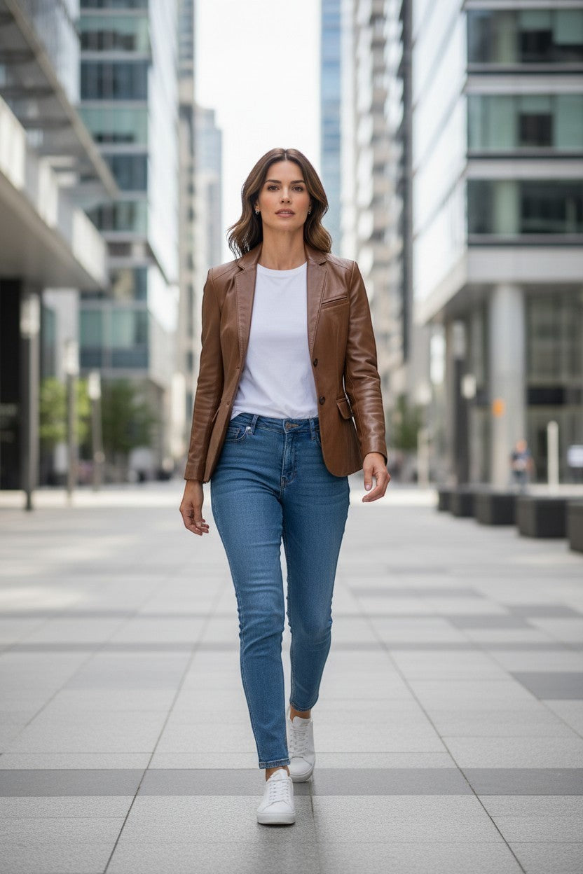 Scarlett Stitch cognac brown leather blazer worn by a woman with a white tee, blue jeans, and sneakers in the city.