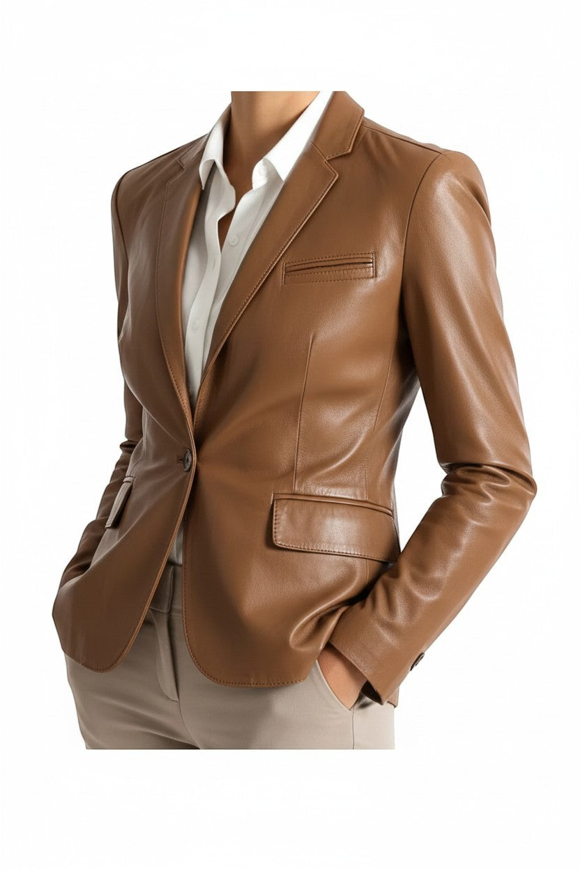 Scarlett Stitch cognac brown leather blazer with notched lapels, flap pockets, and a tailored two-button closure.