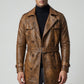 Scarlett Stitch men's cognac brown distressed leather double-breasted trench coat with belt and epaulettes