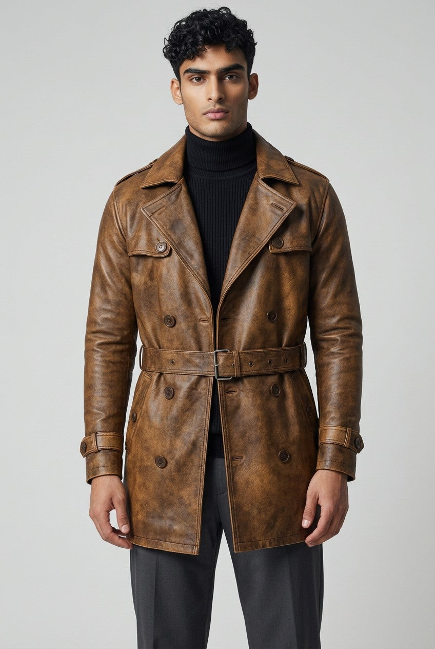Scarlett Stitch men's cognac brown distressed leather double-breasted trench coat with belt and epaulettes