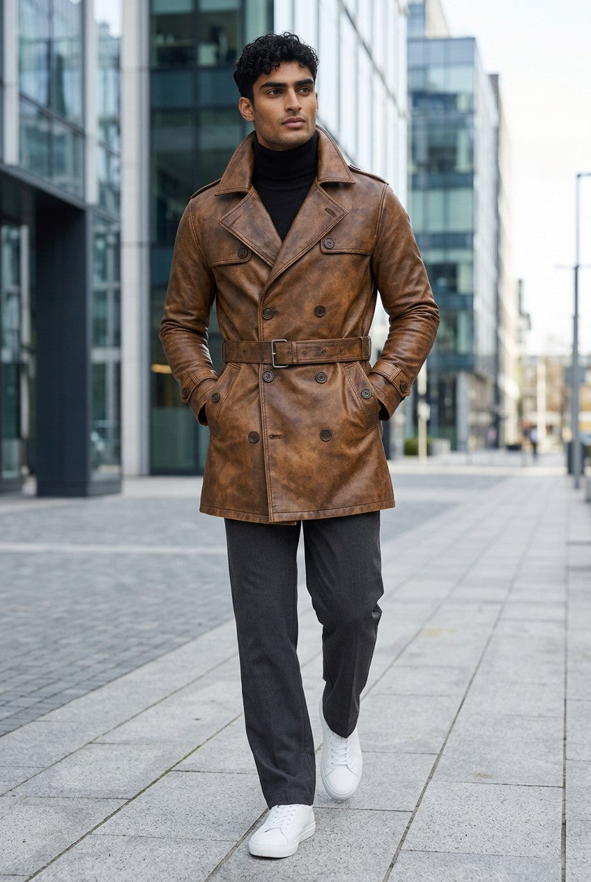 Scarlett Stitch men's cognac brown distressed leather double-breasted trench coat with belt and epaulettes