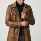 Scarlett Stitch men's cognac brown distressed leather double-breasted trench coat with epaulettes and waist belt
