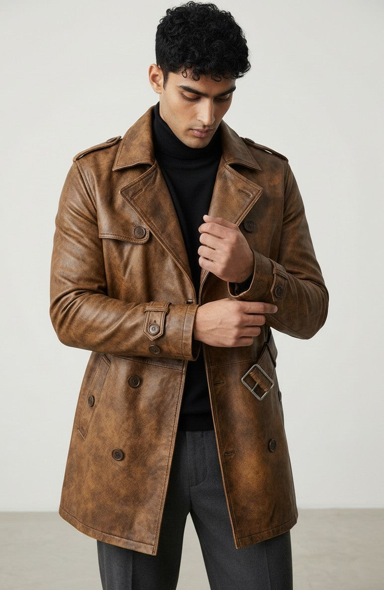 Scarlett Stitch men's cognac brown distressed leather double-breasted trench coat with epaulettes and waist belt