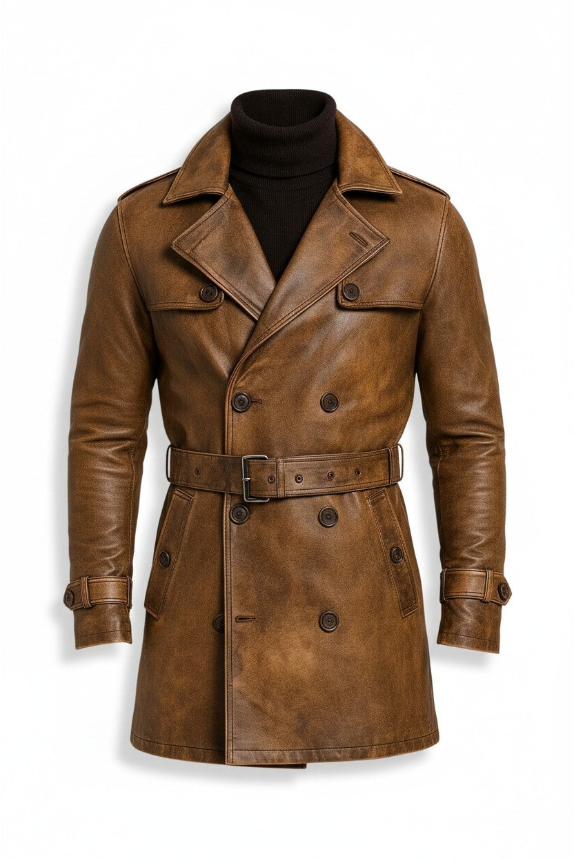 Scarlett Stitch cognac brown distressed leather double-breasted trench coat with belt, epaulettes, and notch lapels.
