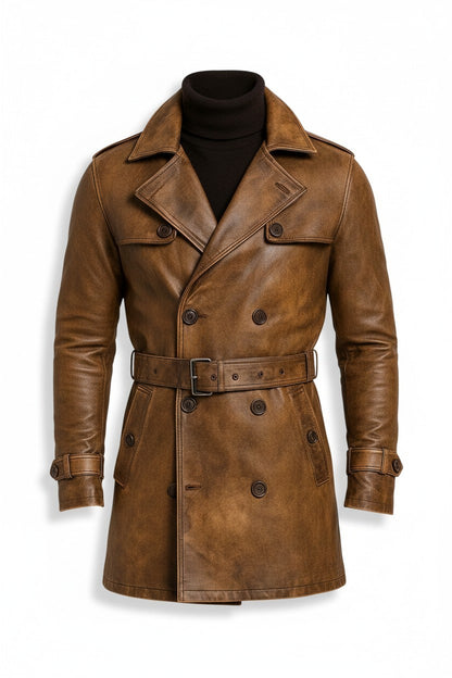 Scarlett Stitch cognac brown distressed leather double-breasted trench coat with belt, epaulettes, and notch lapels.