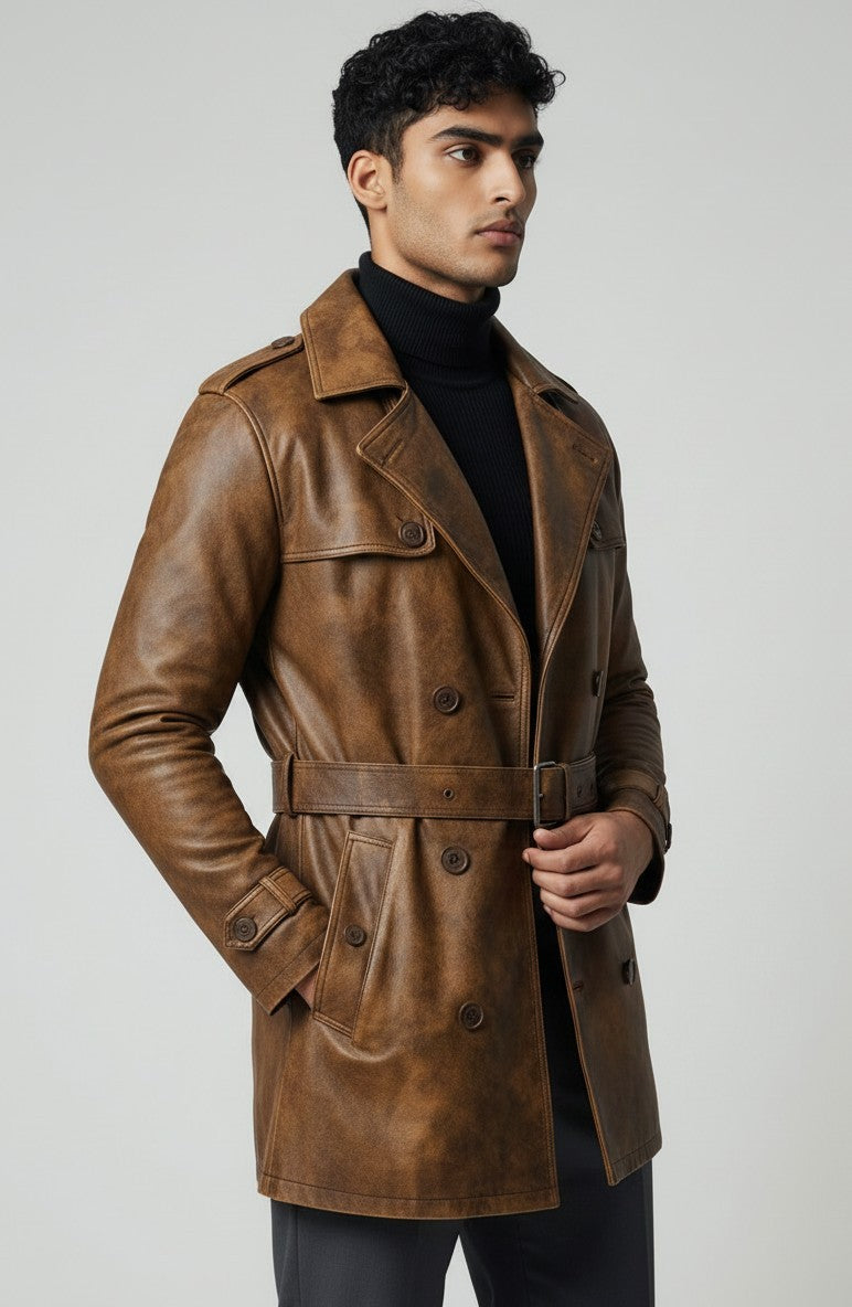 Scarlett Stitch men's cognac brown distressed leather trench coat with double-breasted front, belt, and epaulettes.