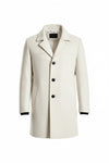 Scarlett Stitch men's cream wool-blend overcoat with notched lapel, three button closure, and subtle stitching details.