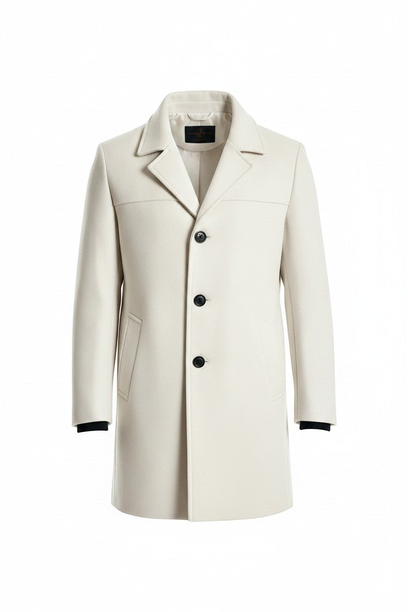 Scarlett Stitch men's cream wool-blend overcoat with notched lapel, three button closure, and subtle stitching details.