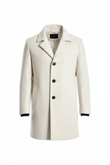 Scarlett Stitch men's cream wool-blend overcoat with notched lapel, three button closure, and subtle stitching details.