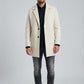 Scarlett Stitch men's cream wool-blend overcoat with notched lapel, three button closure, and chest pocket detail.