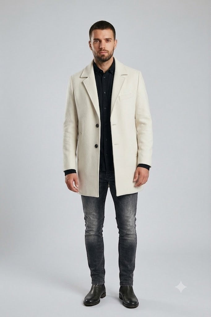 Scarlett Stitch men's cream wool-blend overcoat with notched lapel, three button closure, and chest pocket detail.