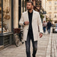 Scarlett Stitch men's cream wool-blend overcoat with notched lapel, single-breasted front, and button closure.