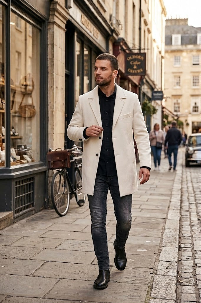 Scarlett Stitch men's cream wool-blend overcoat with notched lapel, single-breasted front, and button closure.