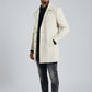 Scarlett Stitch men's cream wool-blend overcoat with notched lapel, three button closure, and side pockets.