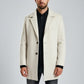 Scarlett Stitch men's cream wool-blend overcoat with notched lapel, three button closure, and chest pocket.