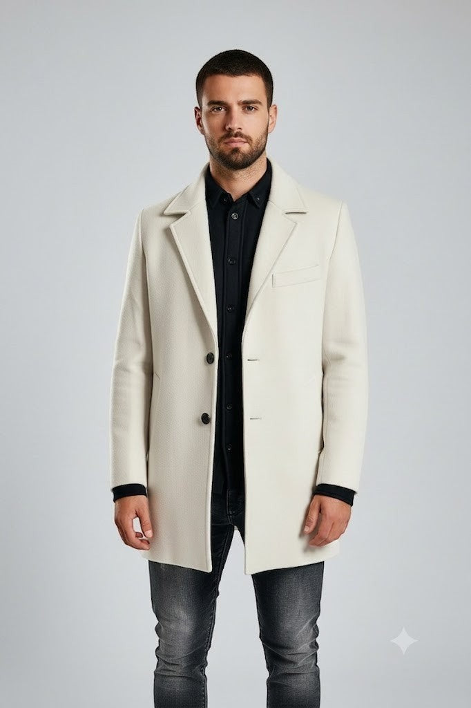 Scarlett Stitch men's cream wool-blend overcoat with notched lapel, three button closure, and chest pocket.