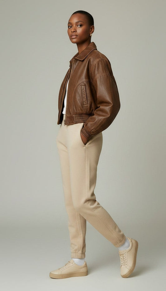 Scarlett Stitch distressed brown leather cropped bomber jacket with collar and zip front.