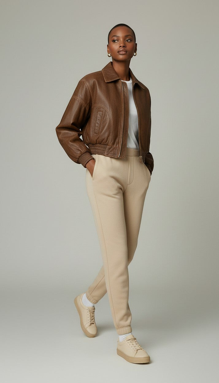 Scarlett Stitch cropped bomber jacket in distressed brown leather with collar, zip front, and elasticated cuffs and hem.