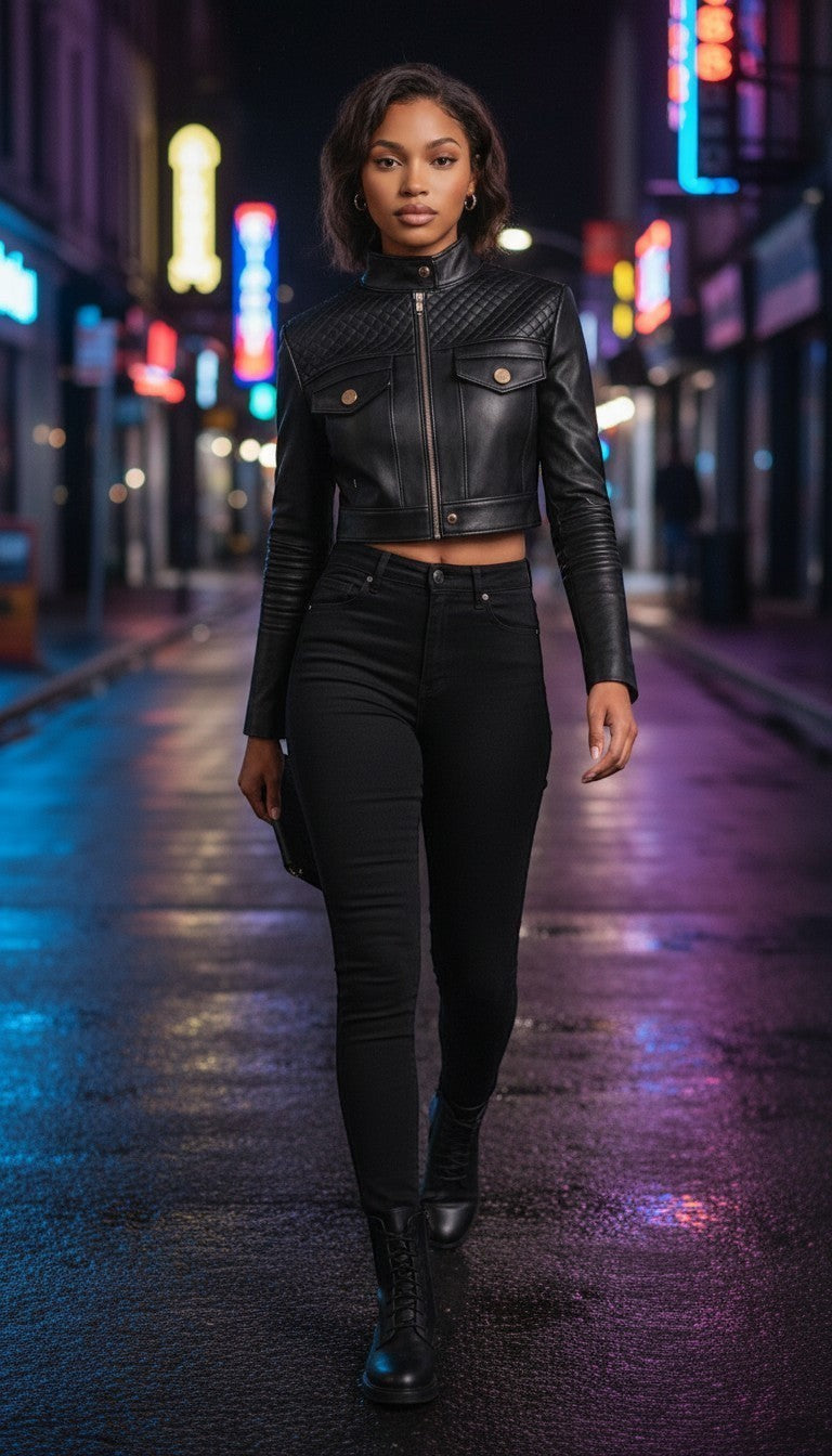 Scarlett Stitch black faux leather cropped moto jacket with diamond quilting and zippered cuffs.
