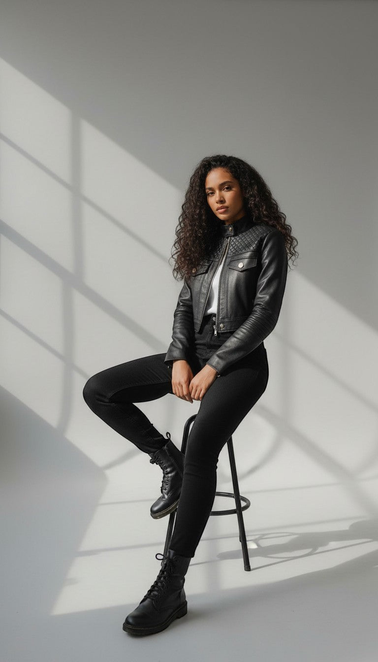 Scarlett Stitch black faux leather cropped moto jacket with diamond quilting and zippered cuffs.