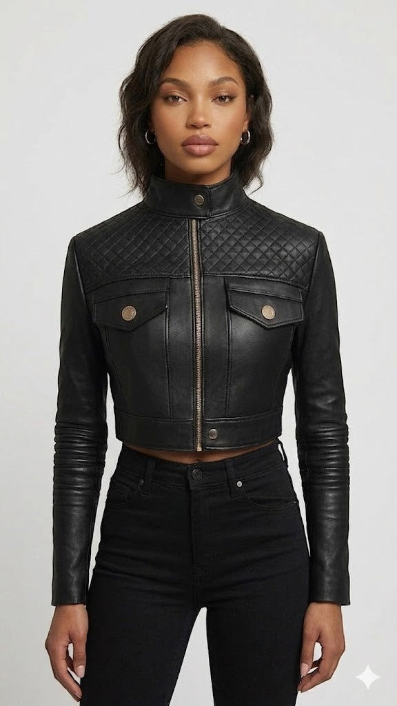 Scarlett Stitch black faux leather cropped moto jacket with diamond quilting on shoulders and ribbed sleeves.