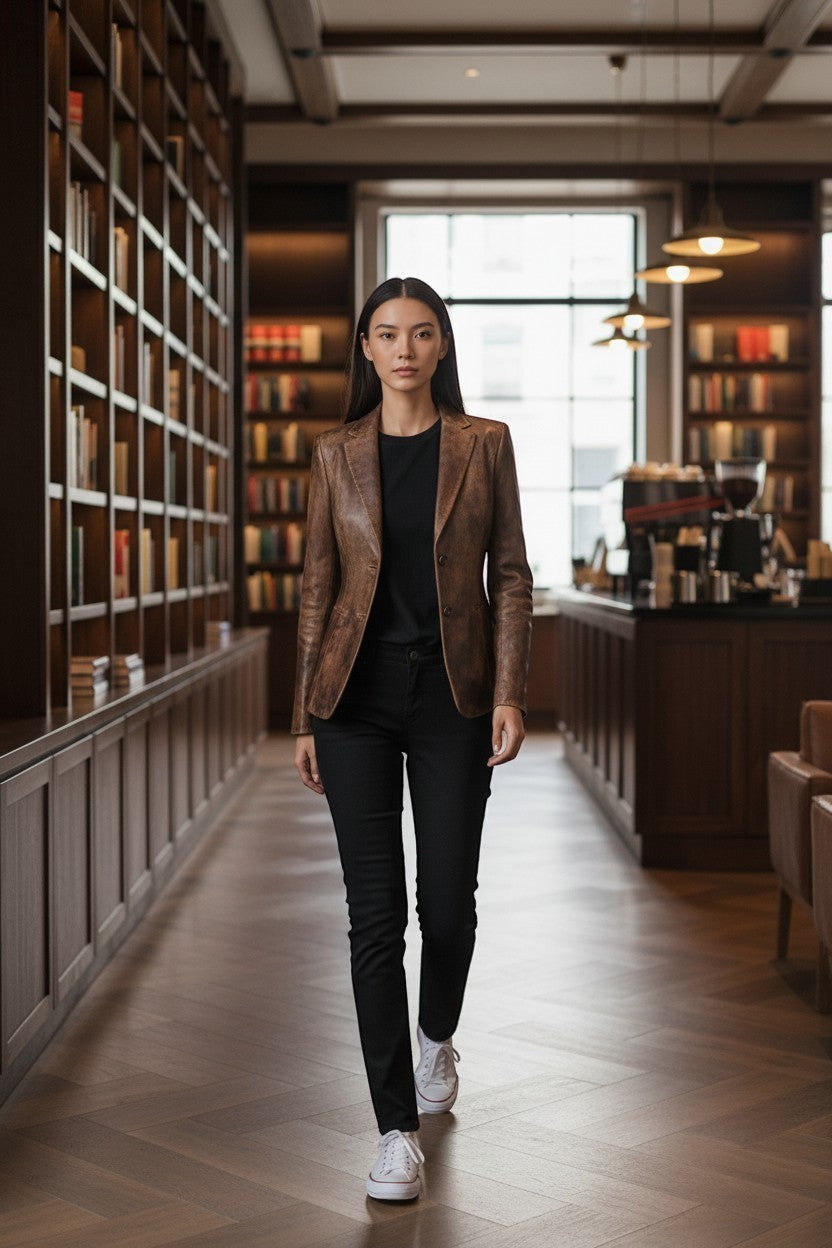 Scarlett Stitch distressed brown leather blazer worn by a woman in a library setting with black jeans and sneakers.