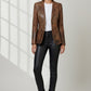 Scarlett Stitch distressed brown leather blazer with notched lapels and two-button closure worn by a model