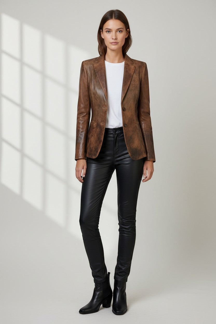 Scarlett Stitch distressed brown leather blazer with notched lapels and two-button closure worn by a model
