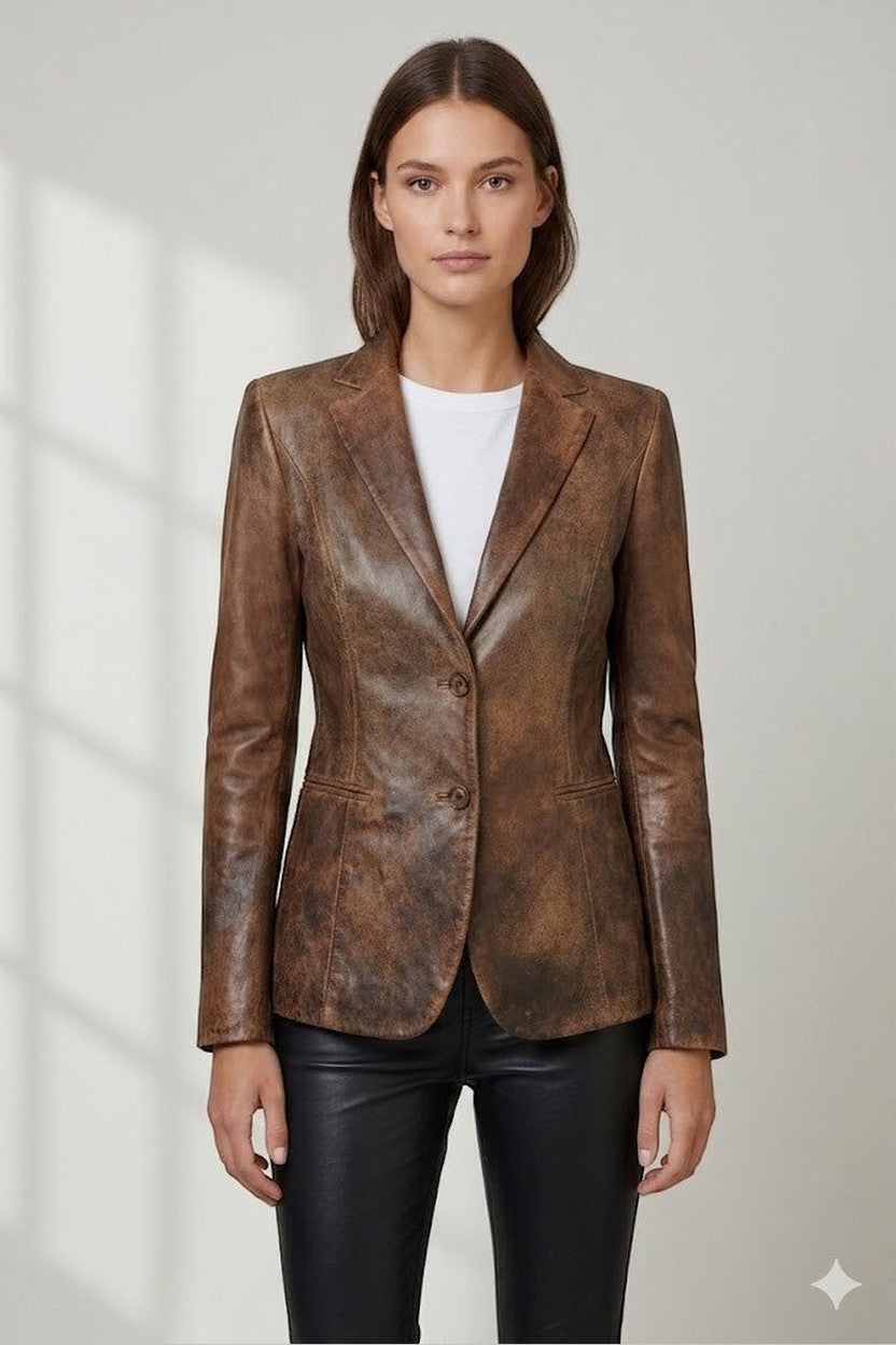 Scarlett Stitch tailored brown distressed leather blazer with notched lapels and two-button closure on a model.
