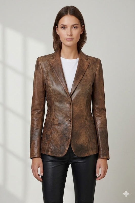 Scarlett Stitch tailored brown distressed leather blazer with notched lapels and two-button closure on a model.