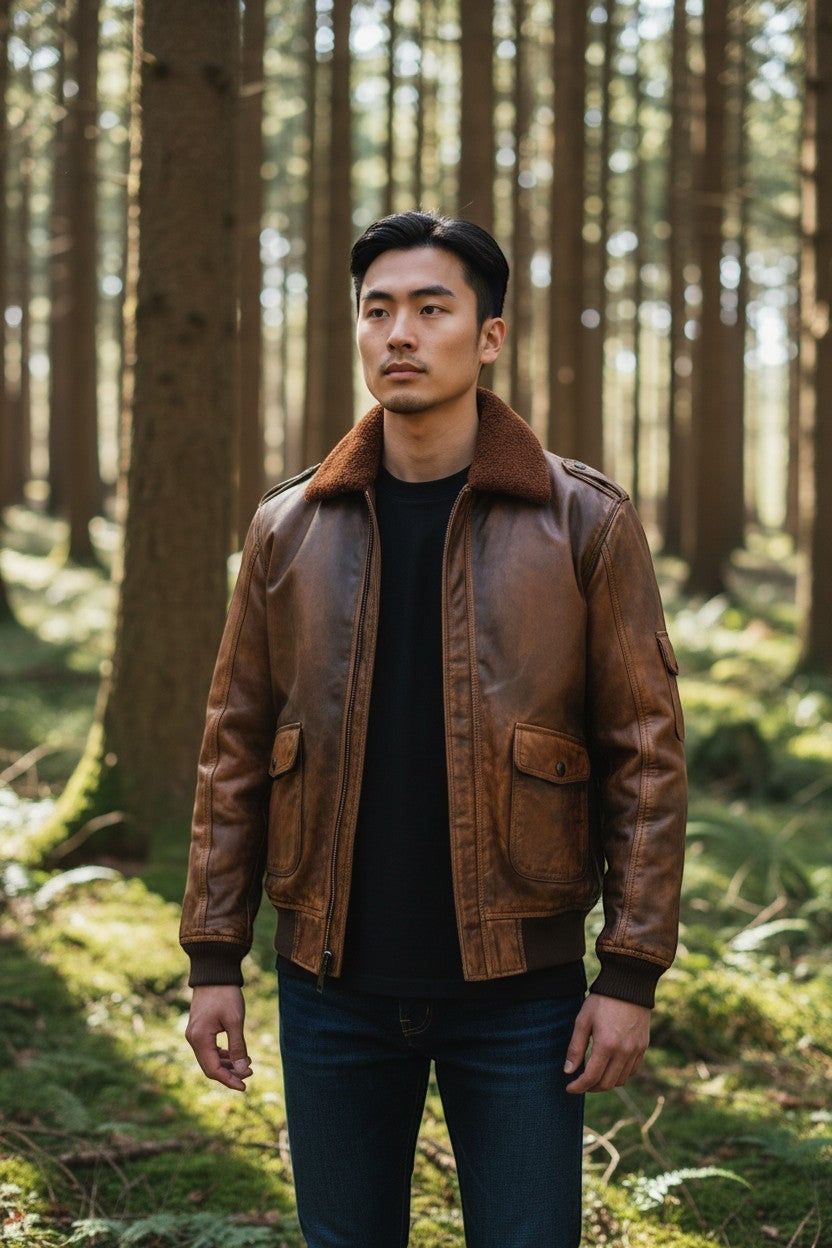 Scarlett Stitch Men's distressed brown faux leather bomber jacket with shearling collar, ribbed cuffs and flap pockets.