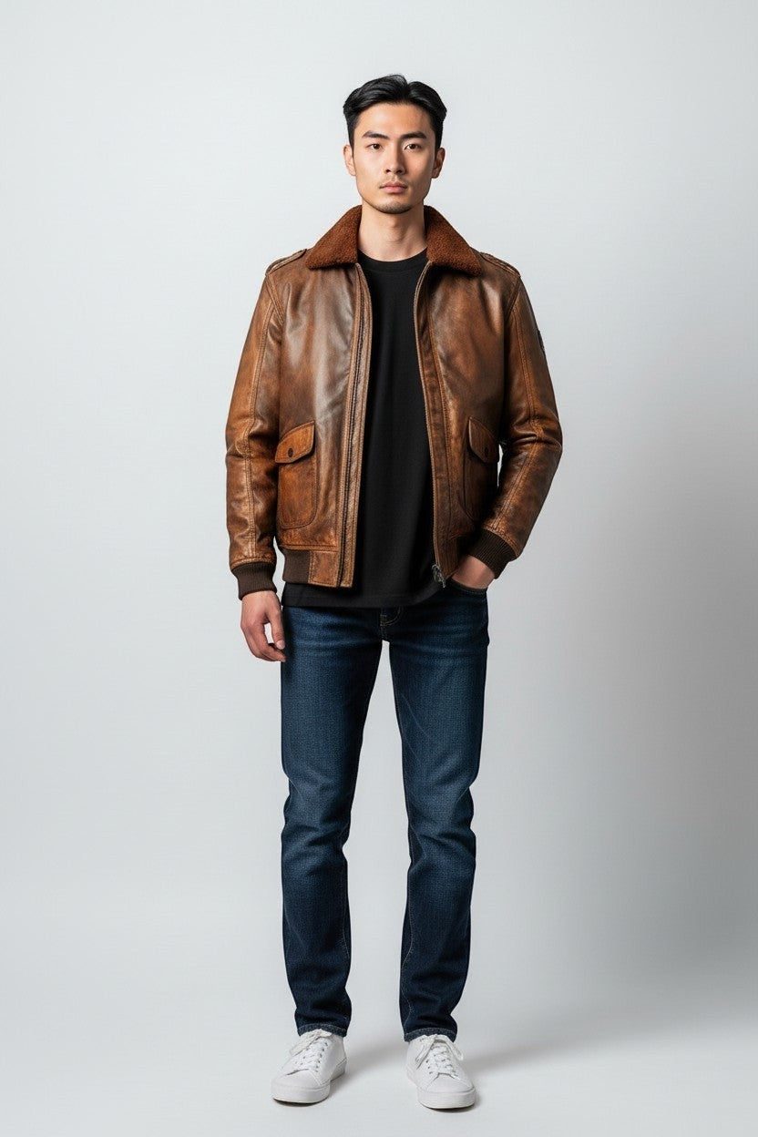 Scarlett Stitch Men's distressed brown faux leather bomber jacket with shearling collar, ribbed cuffs and hem, and flap pockets.