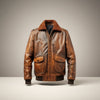 Scarlett Stitch Men's distressed brown faux leather bomber jacket with shearling collar and flap pockets.